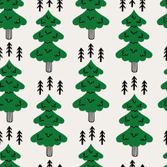 Coniferous forest seamless pattern. Modern hand drawn endless background with fir, spruce, pine in doodle style. Repeat vector illustration with Christmas tree