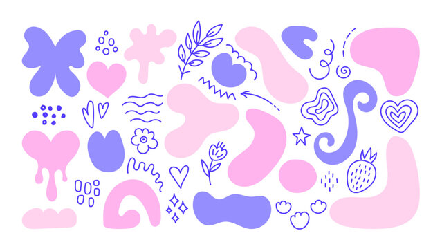 Set of abstract design elements shapes and doodles. Pink and purple spots, lines and scribbles in flat style. Y2k aesthetics.  Collection of minimalistic geometric forms. Vector illustration