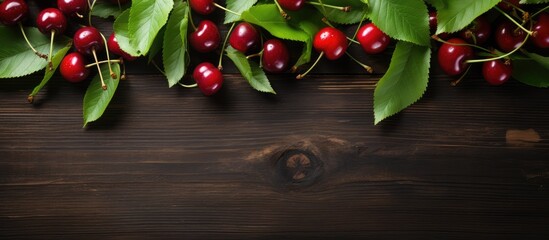 Sweet cherries and green leaves on wooden background