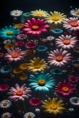Fototapeta na wymiar A bunch of beautiful daisies with water and water droplets