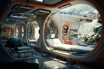 Futuristic space station with gravity-defying interiors, space suits, and cosmic vistas
