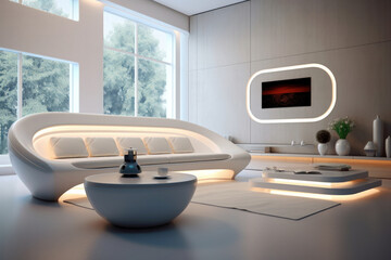Futuristic living room design with white sofa and large window