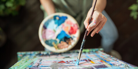 hand of artist with brush painting picture art, creativity, artistic and artwork, painting,...