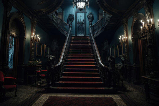 Haunted Victorian mansion with creaky stairs, ghostly apparitions, and eerie ambiance