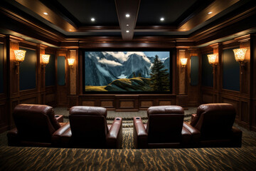 Home theater with plush leather recliners, a large screen, and popcorn - obrazy, fototapety, plakaty