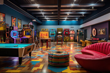 Lively game room with a pool table, arcade games, neon signs, and retro decor