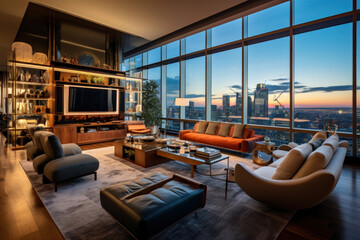 Luxurious penthouse with floor-to-ceiling windows, city skyline views, and modern furnishings