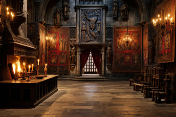 Fototapeta na wymiar Medieval castle chamber with tapestries, suits of armor, and candlelit sconces