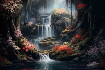 An artwork depicting a waterfall with flowers in the front and a water stream in the center, set against a dark backdrop. Generative AI