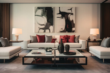 Modern living room with contemporary sofas, artistic paintings on the walls, and a coffee table
