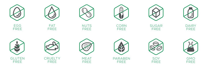 Allergen free icons set (Egg, Fat, Nut, GMO, Soy, Corn, meat, sugar, dairy, gluten, Cruelty, Paraben), label sign, vector illustration. - obrazy, fototapety, plakaty