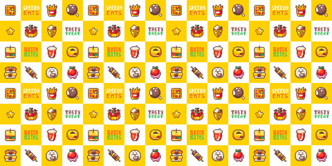 Fast Food Seamless Pattern in Pixel Art Retro 8bit Style. Cartoon Snack and Meal Elements For Cafe, Restaurant Decoration. Yellow Vector Game Arcade Motif. Sweet Desserts, Buns, Tarts, Sushi, Snacks.