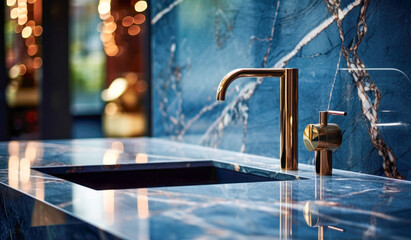 A bathroom with a blue marble counter and gold faucet.