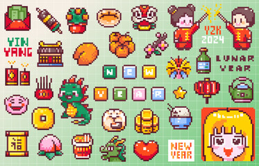 Pixel Art Decorative Elements for Lunar New Year. Traditional Asian Zodiac Symbols, Festive Icons and Modern Cute Decorative 8bit Game Style Isolated Stickers.