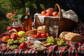 Obraz na płótnie Canvas Picnic scene in the park on a checkered blanket with fruits, berries, baguette and gourmet snacks