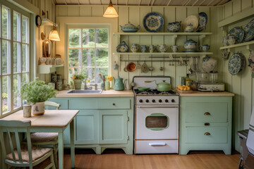 Quaint cottage kitchen with vintage appliances and a farmhouse sink - obrazy, fototapety, plakaty