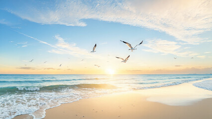 Seagulls flying over the beach at sunset. Panorama