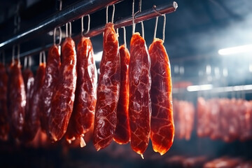 Photo of a variety of meats hanging on a line in a market or butcher shop. Industrial smoking of sausages and meat products. Farm sausage production.