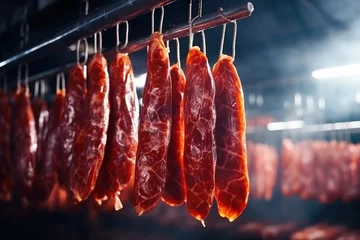 Fotobehang Photo of a variety of meats hanging on a line in a market or butcher shop. Industrial smoking of sausages and meat products. Farm sausage production. © Anoo