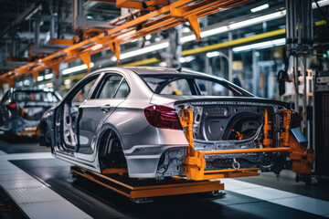 Obraz premium Car production line. Assembling a car on a conveyor belt. Close-up of a car body. Automotive industry Interior of a high-tech factory, modern production.