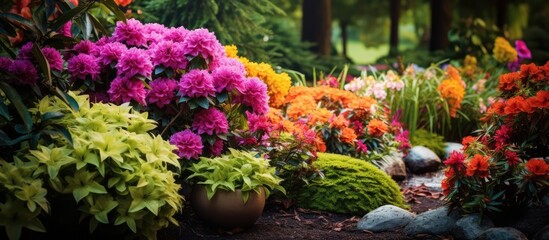 Designing gardens and landscapes with attractive flowers and shrubs - obrazy, fototapety, plakaty