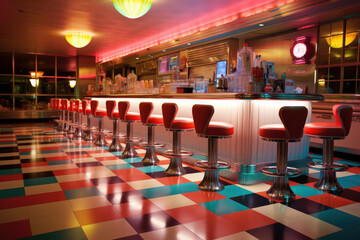 Retro diner with checkered floors, chrome barstools, and neon signs