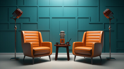podcast studio with two chairs and microphones, vibrant color