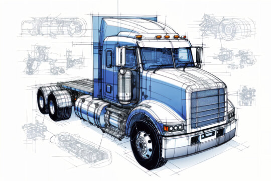 Projection of a modern truck or truck. 3D graphic visualization shows the analysis and optimization of a fully developed vehicle prototype. Modern technologies of mechanical engineering.