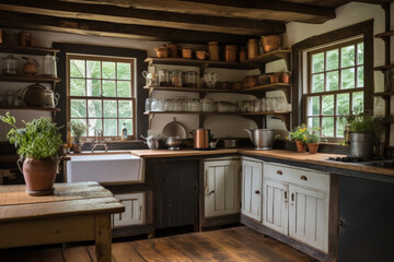 Bright kitchen in rustic style with lots of indoor plants and wooden decor