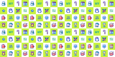 Pixelated Christmas Joy: Retro Y2K Xmas Pattern with Santa, Snowman and Elf. 90s Cartoon Background, Seamless Winter Motifs. Santa Claus, Penguin, & Hot Chocolate Pixel Art for Holiday Wallpaper.