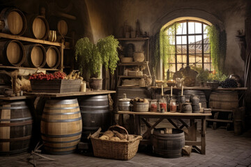 Vintage Winery Cellar with Rustic Tools