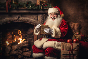Santa Claus sits with gifts in a chair by the fireplace decorated in Christmas style