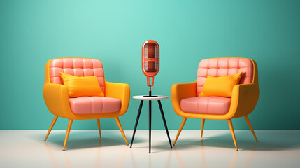 podcast studio with two chairs and microphones, vibrant color - obrazy, fototapety, plakaty