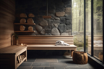 Scandinavian sauna with wooden benches, hot stones, and a serene atmosphere