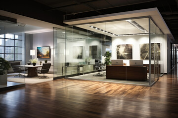 Sleek corporate office with modern workstations, glass partitions, and a contemporary design