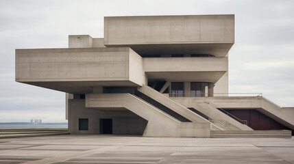 Modern architectural structure by the river.