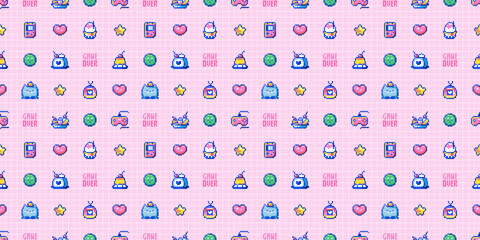 Seamless Pixel Art Background Pattern. Cute Cats, Sweets, and Gaming Elements. Retro 90s Design, Pink Girlish Motif, Cartoon Vector. Y2K Wallpaper, 8bit Arcade Decor for Kids and Computer Geeks. - obrazy, fototapety, plakaty