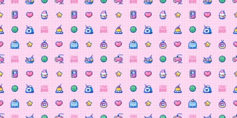 Fotobehang Seamless Pixel Art Background Pattern. Cute Cats, Sweets, and Gaming Elements. Retro 90s Design, Pink Girlish Motif, Cartoon Vector. Y2K Wallpaper, 8bit Arcade Decor for Kids and Computer Geeks. © Takoyaki Shop
