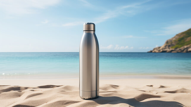 Empty metal water sport bottle mockup, beach background