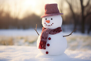 A snowman with a carrot nose, wearing a hat and a red scarf stands in the forest in a pleasant sunset light