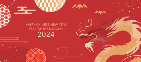 2024 Chinese New Year Banner. Year of the Dragon Card Template Design with Asian Dragon and Geometric Oriental Background. Traditional Japanese Patterns. - obrazy, fototapety, plakaty