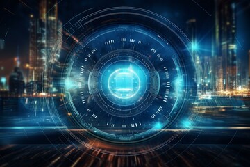 Futuristic tech concept depicting circular HUD element, virtual reality, big data, cyber system security for businesses, and an awe-inspiring image. Generative AI