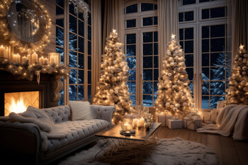 Sparkling lights in a cozy, bright New Year's white interior. Winter Christmas evening in a country house with a real burning fireplace