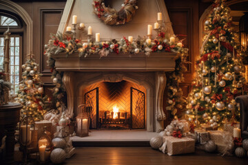 Fototapeta na wymiar Sparkling lights in a cozy, bright New Year's white interior. Winter Christmas evening in a country house with a real burning fireplace