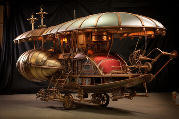 Fototapeta na wymiar Steampunk airship with brass fittings, leather upholstery, and propellers