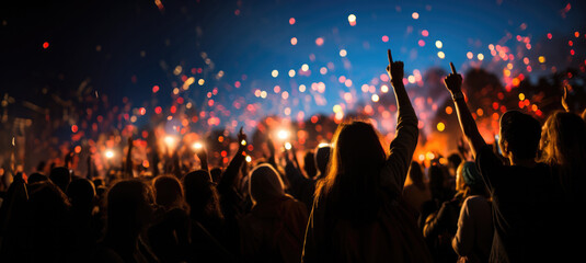 People at the concert put their hands up, fireworks, banner lights. - Powered by Adobe