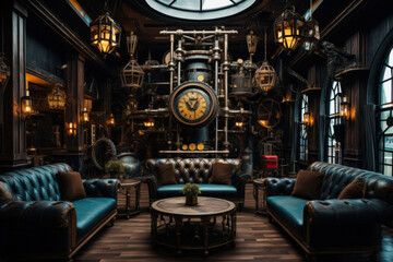 Steampunk-themed lounge with industrial machinery, gears, and Victorian aesthetics