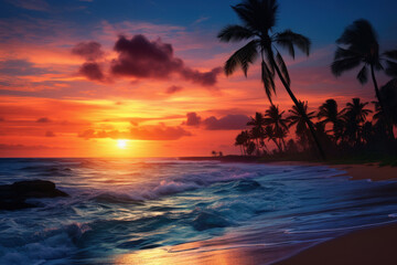Fototapeta na wymiar Sunny beach sunset with palm trees 