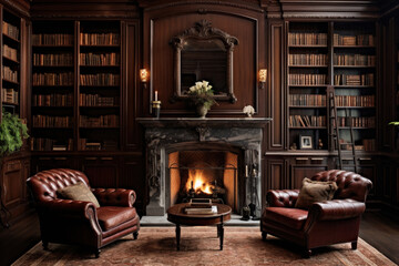 Traditional library with mahogany bookshelves, a fireplace, and leather armchairs