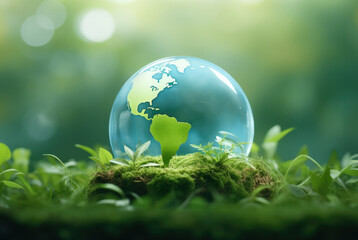 Glass transparent globe on green moss on forest background